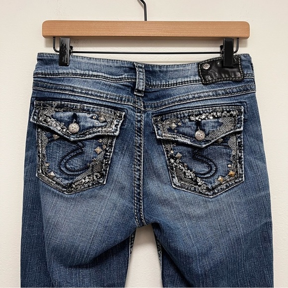 SILVER SUKI Y2K Low Rise Flap Pocket Bootcut Jeans Embellished Pocket Size 28x33 - Picture 5 of 10